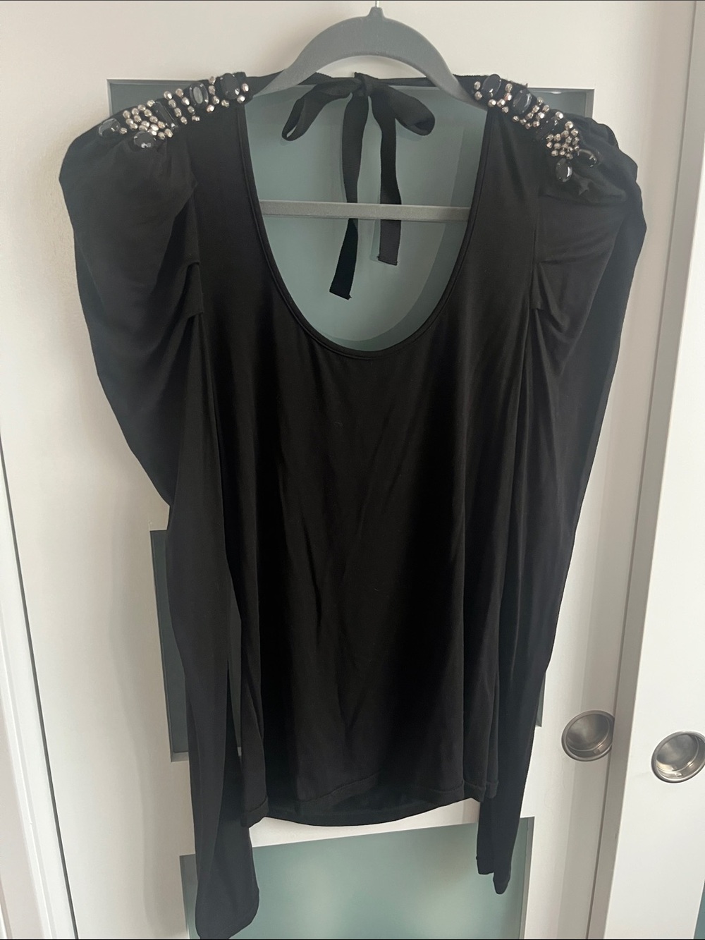 Women's Black Long-Sleeve Top w/ Jeweled Shoulders removable.Vintage top.